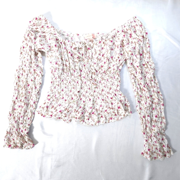 Rose And Grey Floral Smocked Off-Shoulder Top L - Picture 1 of 8